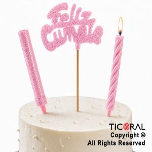 ADORNO DE TORTA SET FELIZ CUMPLE CON BENGALA Y VELA 9 CM GIBRE ROSA x 1